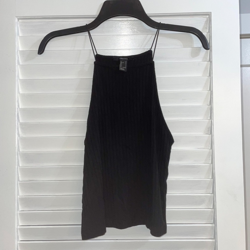Black Ribbed Halter Tank Top - Picture 3 of 5